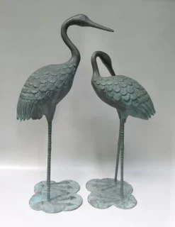 Pamono Bronze & Green Patinated Crane Sculptures, 1970s, Set of 2> Mid-Century