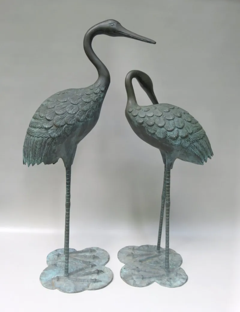 Pamono Bronze & Green Patinated Crane Sculptures, 1970s, Set of 2> Mid-Century