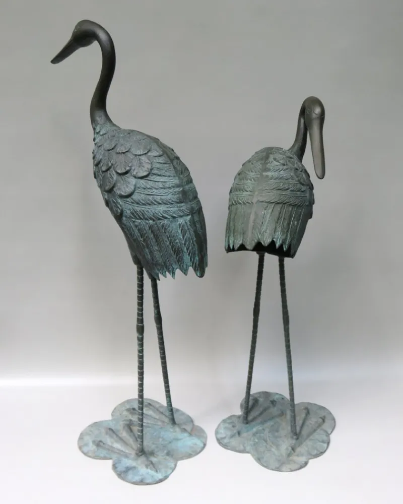 Pamono Bronze & Green Patinated Crane Sculptures, 1970s, Set of 2> Mid-Century