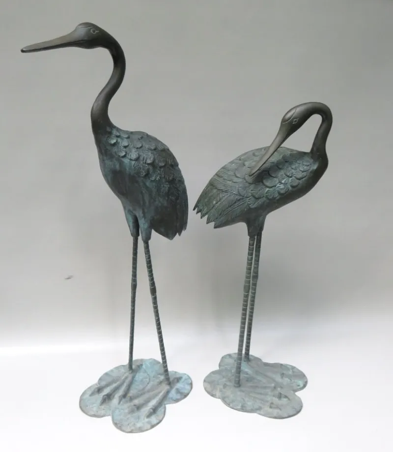 Pamono Bronze & Green Patinated Crane Sculptures, 1970s, Set of 2> Mid-Century