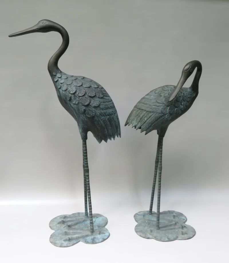 Pamono Bronze & Green Patinated Crane Sculptures, 1970s, Set of 2> Mid-Century