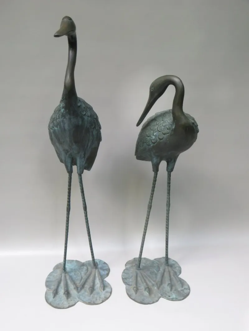 Pamono Bronze & Green Patinated Crane Sculptures, 1970s, Set of 2> Mid-Century