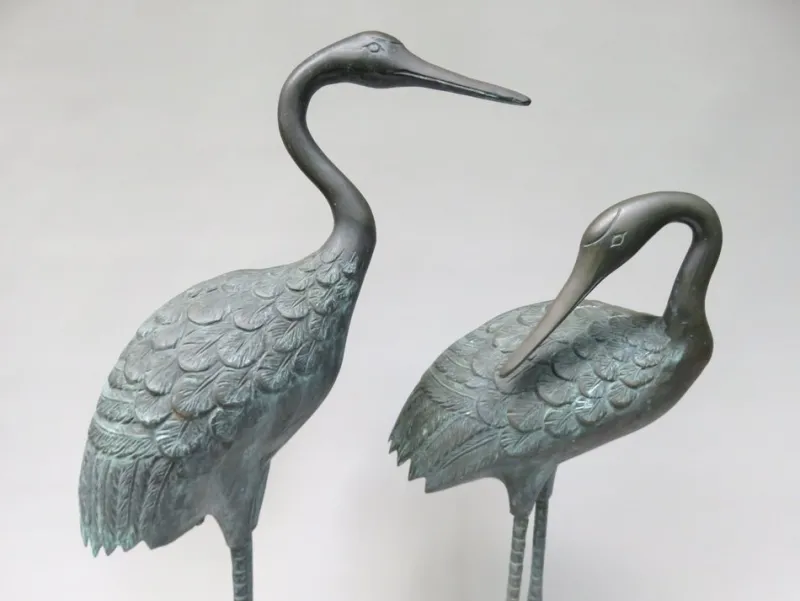 Pamono Bronze & Green Patinated Crane Sculptures, 1970s, Set of 2> Mid-Century
