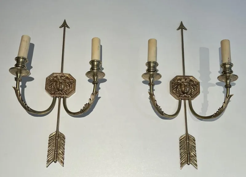 Pamono Bronze Arrow Wall Lights in the Effigy of the Sun King by Louis Gau, Set of 2
