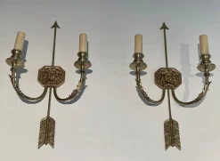 Pamono Bronze Arrow Wall Lights in the Effigy of the Sun King by Louis Gau, Set of 2