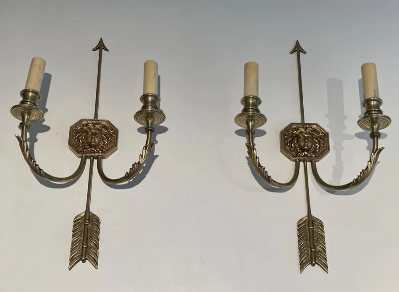 Pamono Bronze Arrow Wall Lights in the Effigy of the Sun King by Louis Gau, Set of 2
