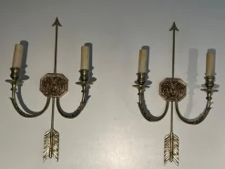Pamono Bronze Arrow Wall Lights in the Effigy of the Sun King by Louis Gau, Set of 2