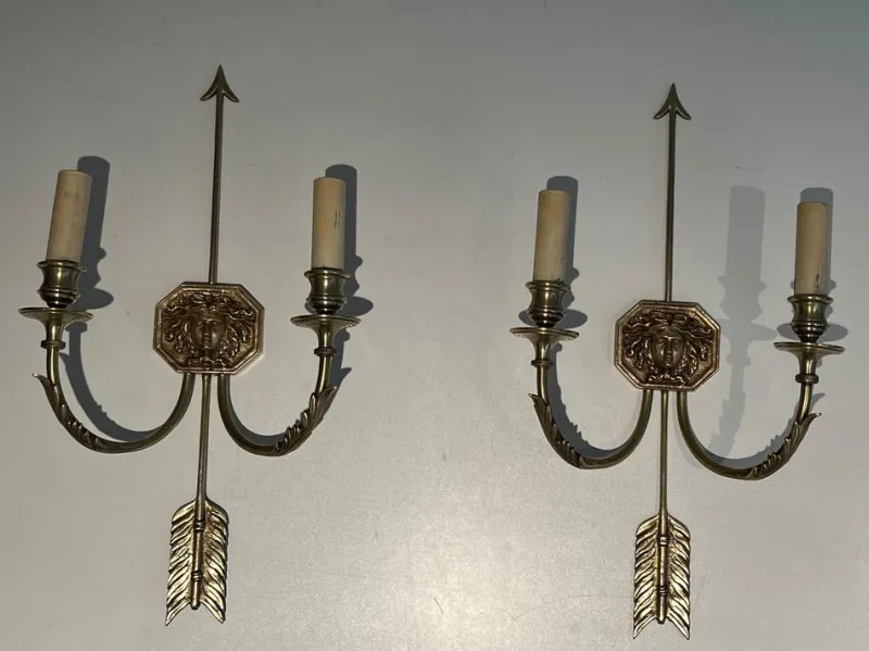 Pamono Bronze Arrow Wall Lights in the Effigy of the Sun King by Louis Gau, Set of 2