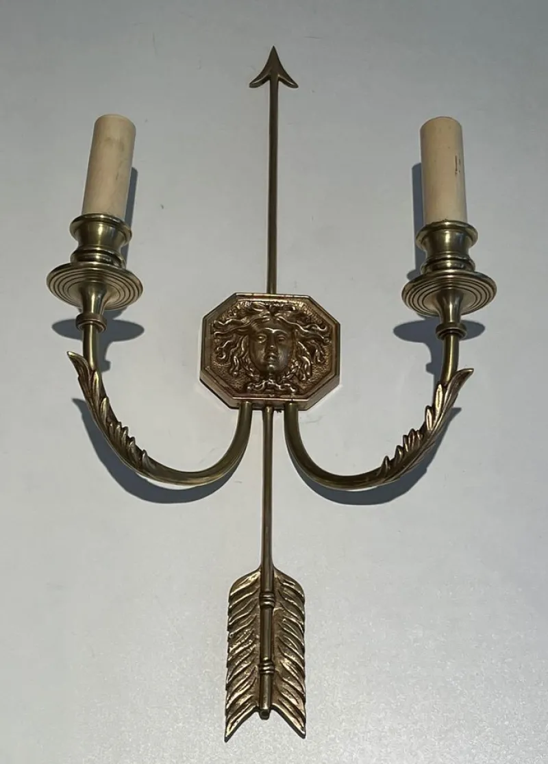 Pamono Bronze Arrow Wall Lights in the Effigy of the Sun King by Louis Gau, Set of 2