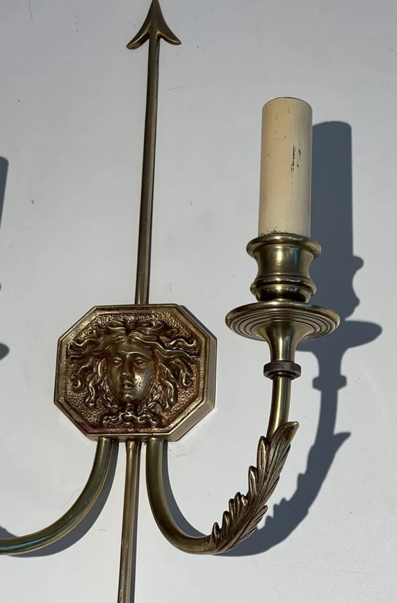 Pamono Bronze Arrow Wall Lights in the Effigy of the Sun King by Louis Gau, Set of 2