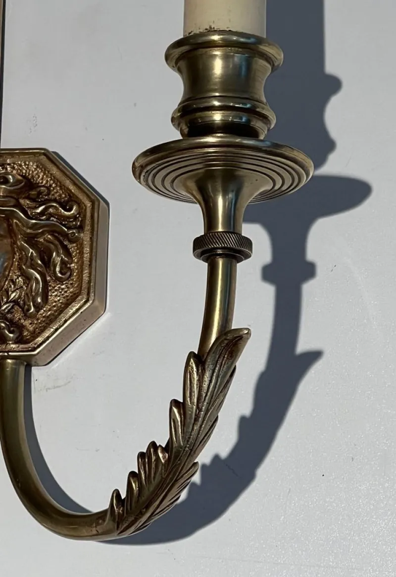 Pamono Bronze Arrow Wall Lights in the Effigy of the Sun King by Louis Gau, Set of 2