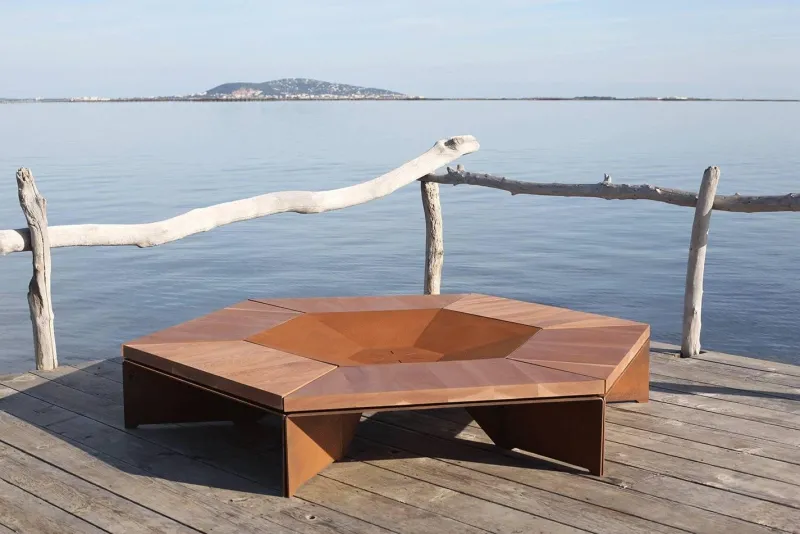 Pamono Brutalist Brasero N°2 Fire Bowl with Benches by Yoan Claveau de Lima for Les Choses Edition, Set of 7> Tables|Garden Tables