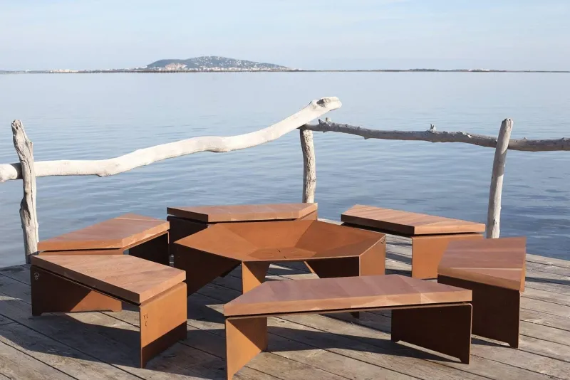 Pamono Brutalist Brasero N°2 Fire Bowl with Benches by Yoan Claveau de Lima for Les Choses Edition, Set of 7> Tables|Garden Tables