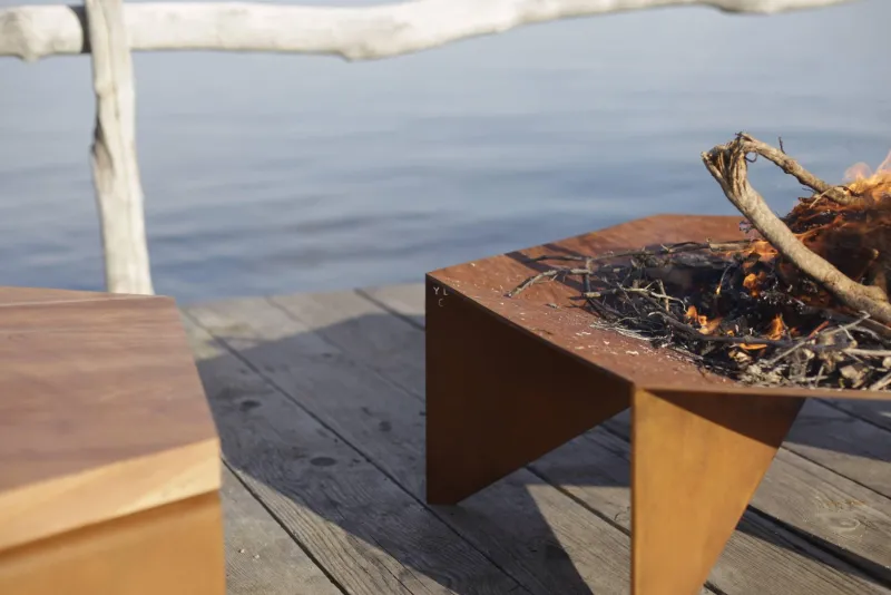 Pamono Brutalist Brasero N°2 Fire Bowl with Benches by Yoan Claveau de Lima for Les Choses Edition, Set of 7> Tables|Garden Tables