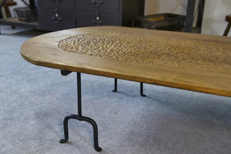 Best Pamono Brutalist Coffee Table in Oak and Wrought Iron, 1950s