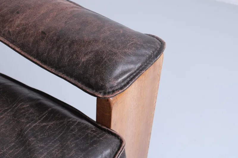 Pamono Brutalist Light Oak and Dark Leather Sofa by Harry de Groot for Leolux, 1970s