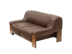 Sale Pamono Brutalist 2-Seater Sofa in Brown Leather with Wengé Wood Frame, 1970s