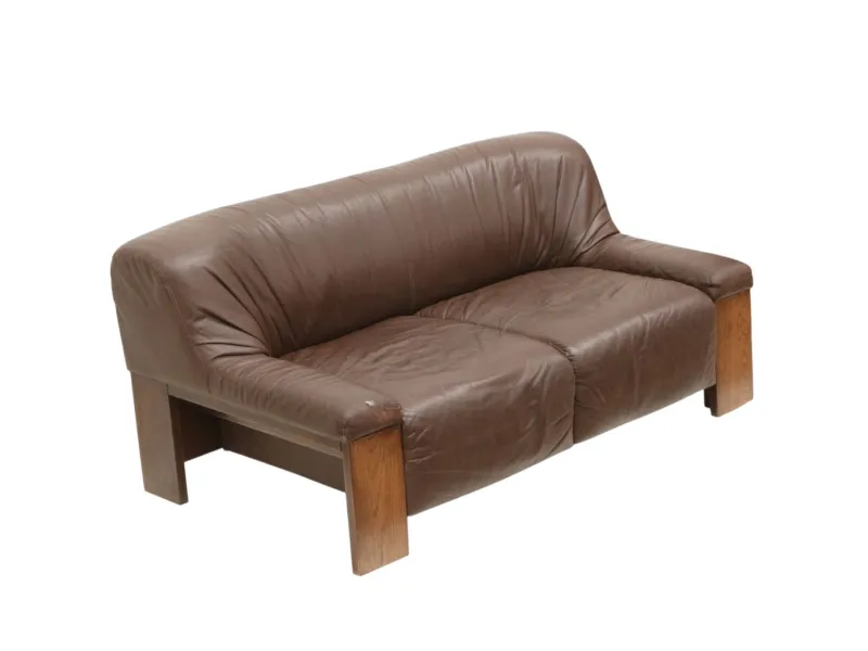 Sale Pamono Brutalist 2-Seater Sofa in Brown Leather with Wengé Wood Frame, 1970s