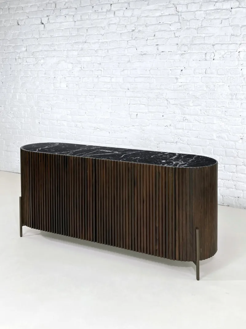 Pamono Brutalist Style Rounded Sideboard in Wood and Black Marble Top from Henri Paris