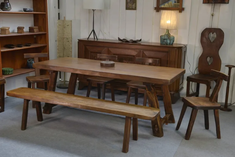 Pamono Brutalist Table Set with Bench, 1960s, Set of 2> Dining Tables & Sets
