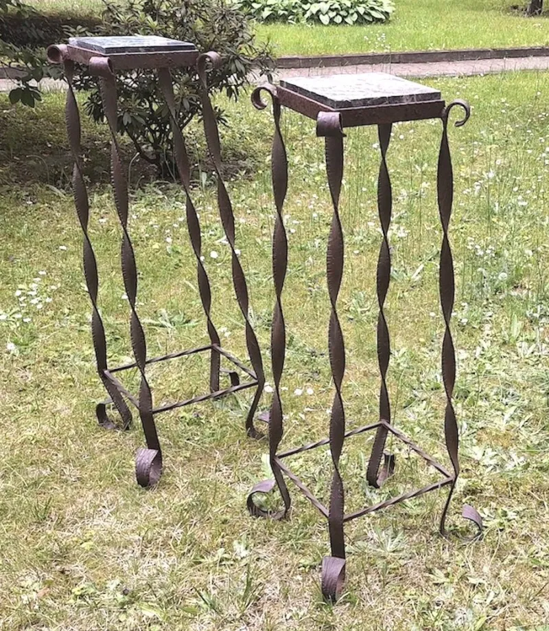 Clearance Pamono Brutalist Wrought Iron and Veined Marble Garden Columns, Set of 2