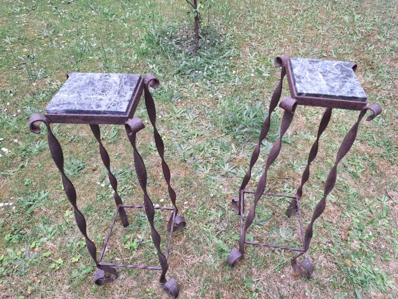 Clearance Pamono Brutalist Wrought Iron and Veined Marble Garden Columns, Set of 2