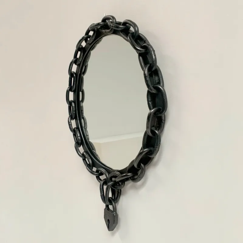 Pamono Brutalist Wrought Iron Chain and Padlock Wall Mirror, 1960> Mirrors
