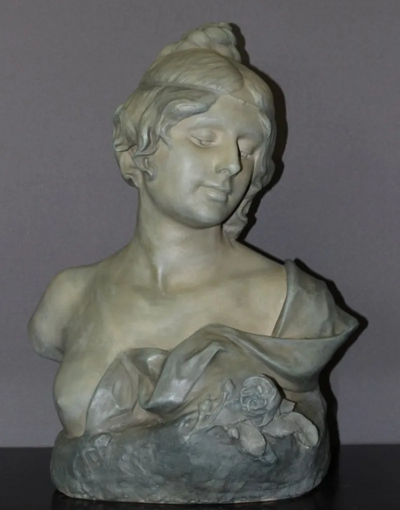 Pamono Bust of Young Woman in Ceramic with Blue-Green Patina by Léopold Bernard Bernstamm for Emile Muller, 1890s> Art Nouveau