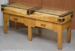 Pamono Butchers Table with Bronze Mounts and Glass Top, 1920s><noscript><img width=