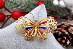 Clearance Pamono Butterfly Gold Brooch with Enameled