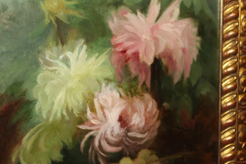 Pamono C. Moll, Fruits and Dahlias, Late 19th Century, Oil on Canvas, Framed> Classical