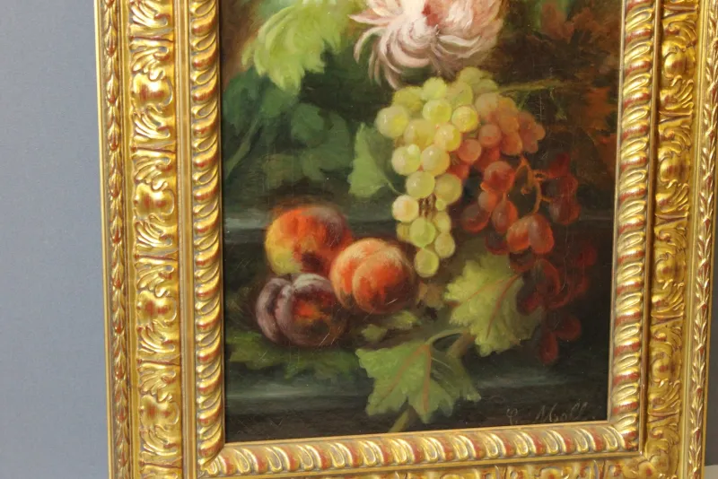 Pamono C. Moll, Fruits and Dahlias, Late 19th Century, Oil on Canvas, Framed> Classical