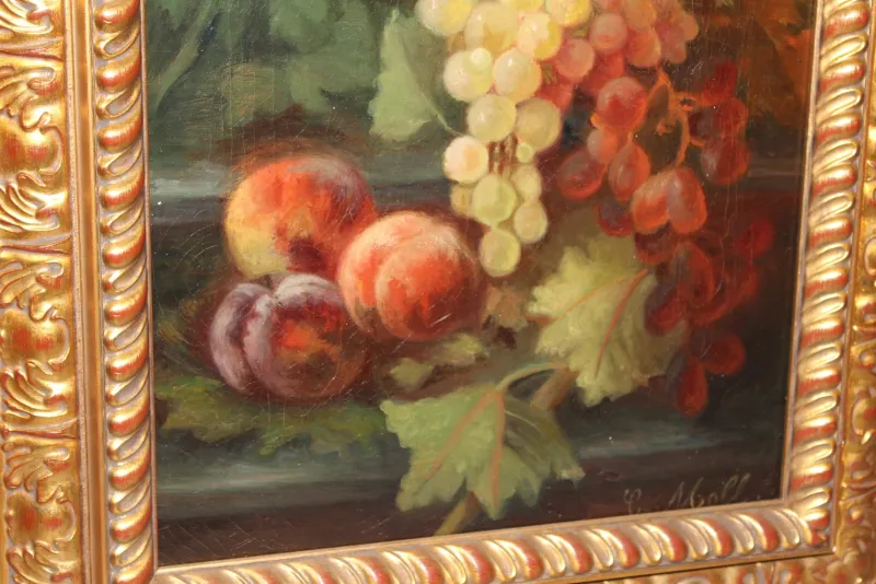 Pamono C. Moll, Fruits and Dahlias, Late 19th Century, Oil on Canvas, Framed> Classical