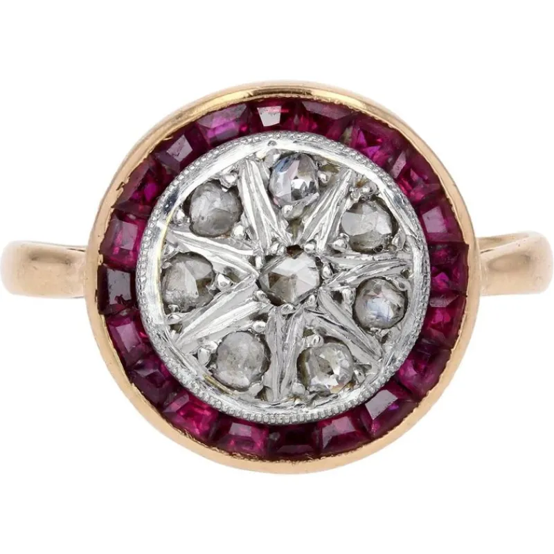 Pamono Calibrated Red Gems Diamonds 18 Karat Yellow Gold Round Ring, 1920s> Rings
