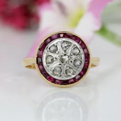 Pamono Calibrated Red Gems Diamonds 18 Karat Yellow Gold Round Ring, 1920s><noscript><img width=