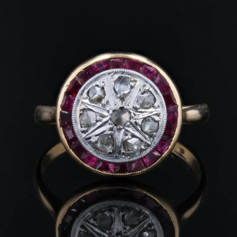 Pamono Calibrated Red Gems Diamonds 18 Karat Yellow Gold Round Ring, 1920s> Rings