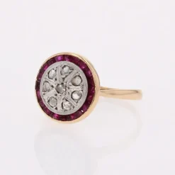 Pamono Calibrated Red Gems Diamonds 18 Karat Yellow Gold Round Ring, 1920s><noscript><img width=