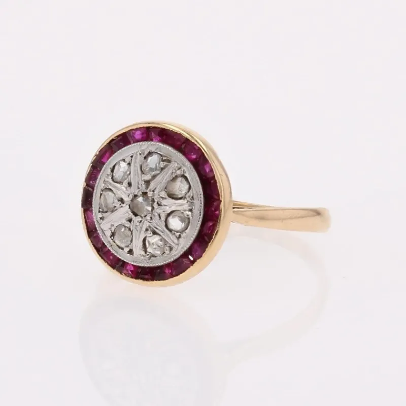 Pamono Calibrated Red Gems Diamonds 18 Karat Yellow Gold Round Ring, 1920s> Rings