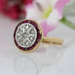Pamono Calibrated Red Gems Diamonds 18 Karat Yellow Gold Round Ring, 1920s><noscript><img width=