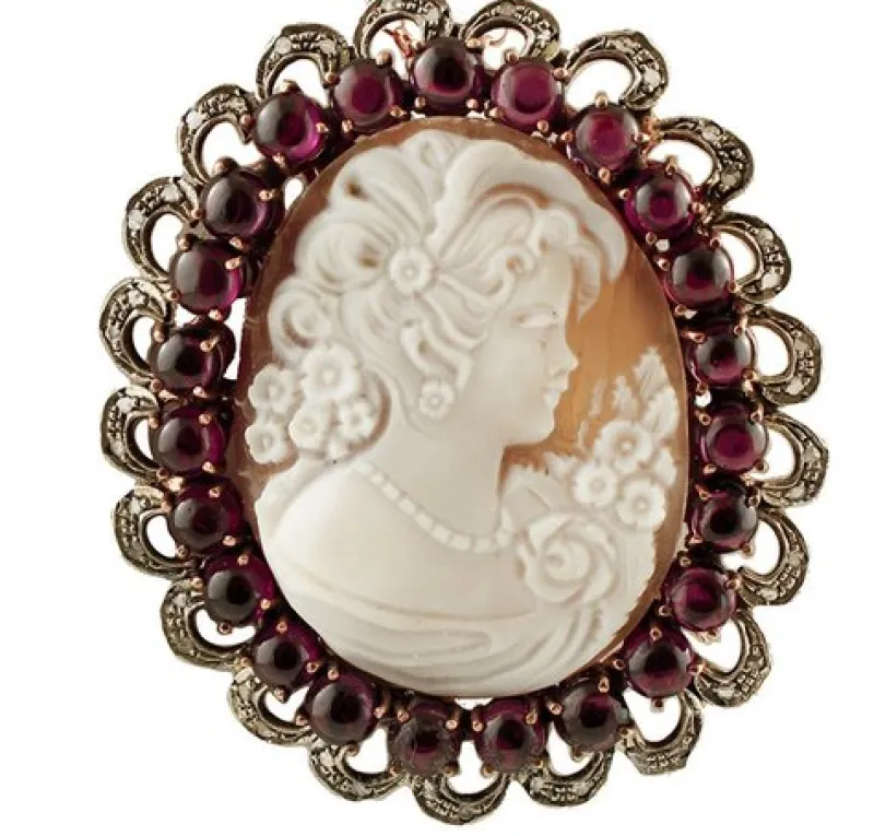 Pamono Cameo, Garnets, Diamonds, Rose Gold and Silver Vintage Brooch or Pendant> Brooches