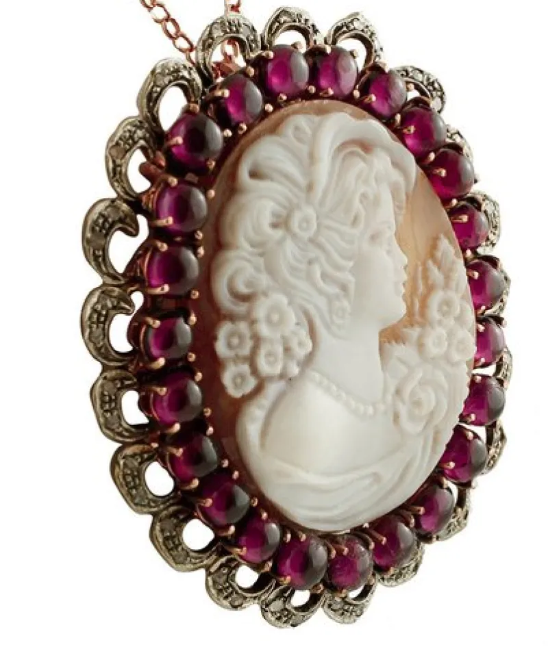 Pamono Cameo, Garnets, Diamonds, Rose Gold and Silver Vintage Brooch or Pendant> Brooches