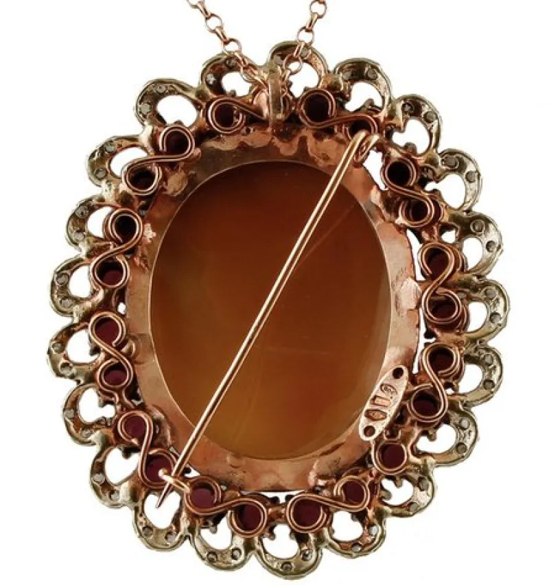 Pamono Cameo, Garnets, Diamonds, Rose Gold and Silver Vintage Brooch or Pendant> Brooches