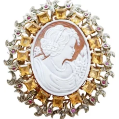 Pamono Cameo, Topazs, Rubies, Diamonds, Rose Gold and Silver Brooch or Pendant> Brooches