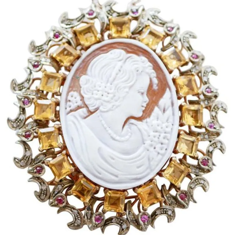 Pamono Cameo, Topazs, Rubies, Diamonds, Rose Gold and Silver Brooch or Pendant> Brooches
