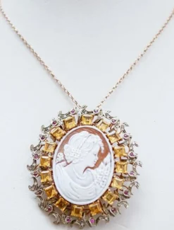 Pamono Cameo, Topazs, Rubies, Diamonds, Rose Gold and Silver Brooch or Pendant> Brooches