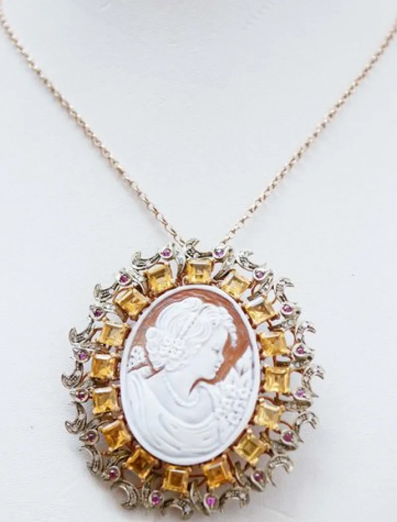 Pamono Cameo, Topazs, Rubies, Diamonds, Rose Gold and Silver Brooch or Pendant> Brooches