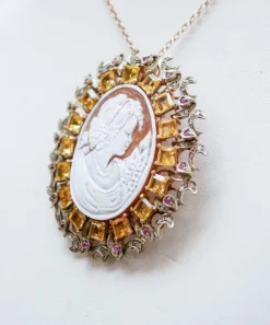 Pamono Cameo, Topazs, Rubies, Diamonds, Rose Gold and Silver Brooch or Pendant><noscript><img width=