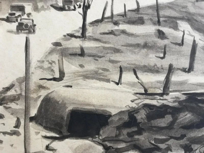 Best Pamono Camille Leroy, Algerian War, Road No. 6, Pillbox, Signed Inkwash