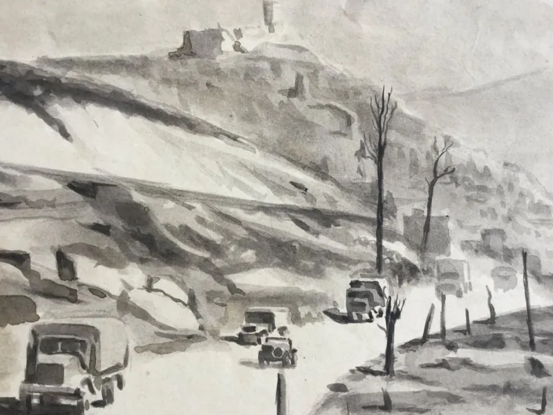 Best Pamono Camille Leroy, Algerian War, Road No. 6, Pillbox, Signed Inkwash