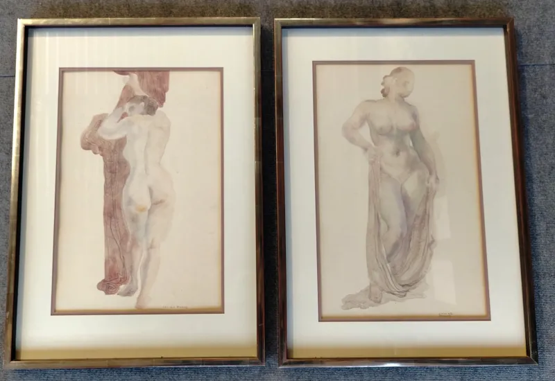 Pamono Camille Roche, Nudes from the Front and Back, 1920s-1940s, Watercolors, Set of 2> Art Deco